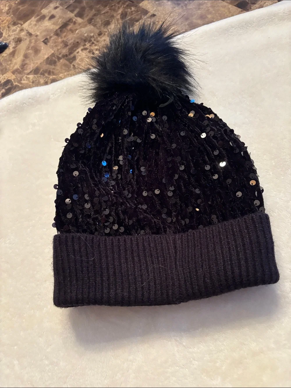 bp Kids Black Sequin Pom Pom Beanie